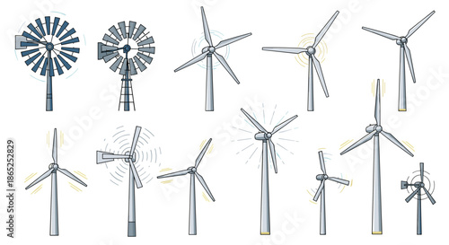 Diverse collection of wind energy structures including traditional farm windmills and modern high-tech three-blade wind turbines for power generation.