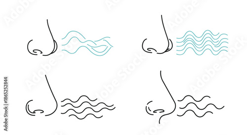 Educational illustrations of the human nose detecting various types of odors represented by different wave patterns and colors for olfactory studies.