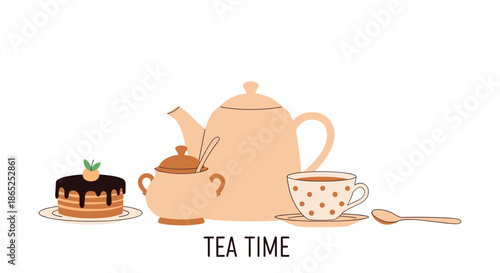 Charming tea time arrangement featuring a teapot, a polka-dotted cup of tea, a sugar bowl, a slice of chocolate cake, and a spoon.