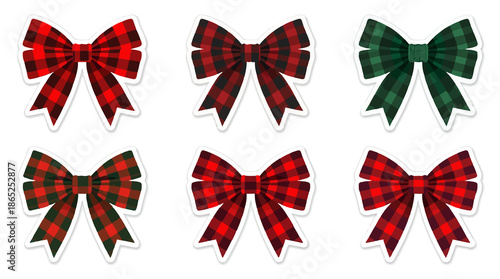  Template set sticker red and green ribbon Buffalo plaid bow collection, farmhouse style bow isolated on the white background birthday bow illustration with png Transparent 