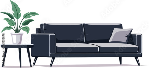 Modern sofa with a plant and side table on transparent background silhouette