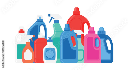 Comprehensive assortment of cleaning supply bottles in different colors and shapes used for household maintenance and hygiene.
