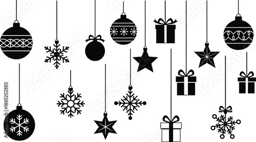 Black christmas ornaments and gifts hanging festive decoration on transparent background silhouette