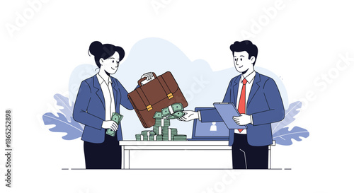 Business scene depicting a woman handing a briefcase filled with stacks of money to a professional man across a desk.