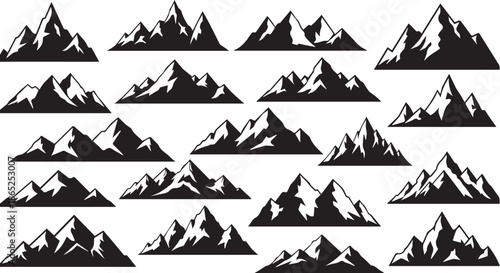 Mega Set of Black Mountain Silhouettes featuring Minimalist Peak Icons, Rugged Highland Ranges and Creative Nature Exploration Symbols on White Background