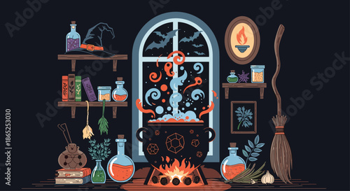 Detailed illustration of a cozy witch laboratory featuring a bubbling cauldron, magic potions, spell books, and a broom under a moonlit bat window.