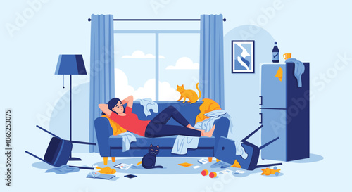 Depiction of a relaxed woman lying on a couch in a cluttered living room with clothes everywhere, two cats, and an overturned chair.