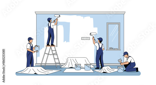 Team of professional painters in blue overalls working together to paint a large interior wall using rollers and brushes in an empty room.