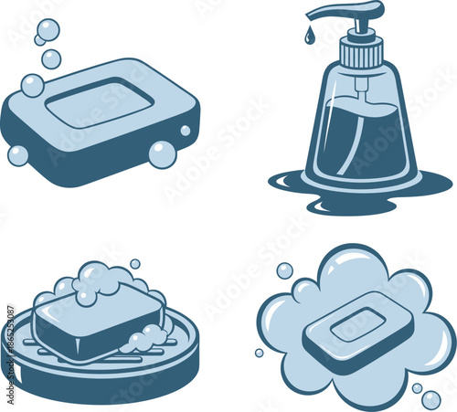Soap dispenser and bar soap with bubbles a hygienic illustration on transparent background silhouette