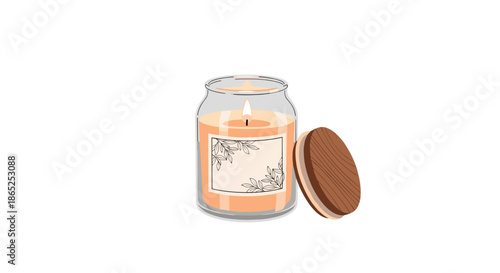 Cozy illustration of a lit scented candle in a glass jar featuring a floral label and a separate wooden lid on a clean white background.