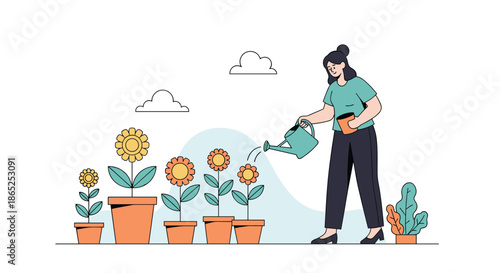 Peaceful illustration of a woman using a watering can to care for her potted sunflowers and plants in a garden under a cloudy sky.