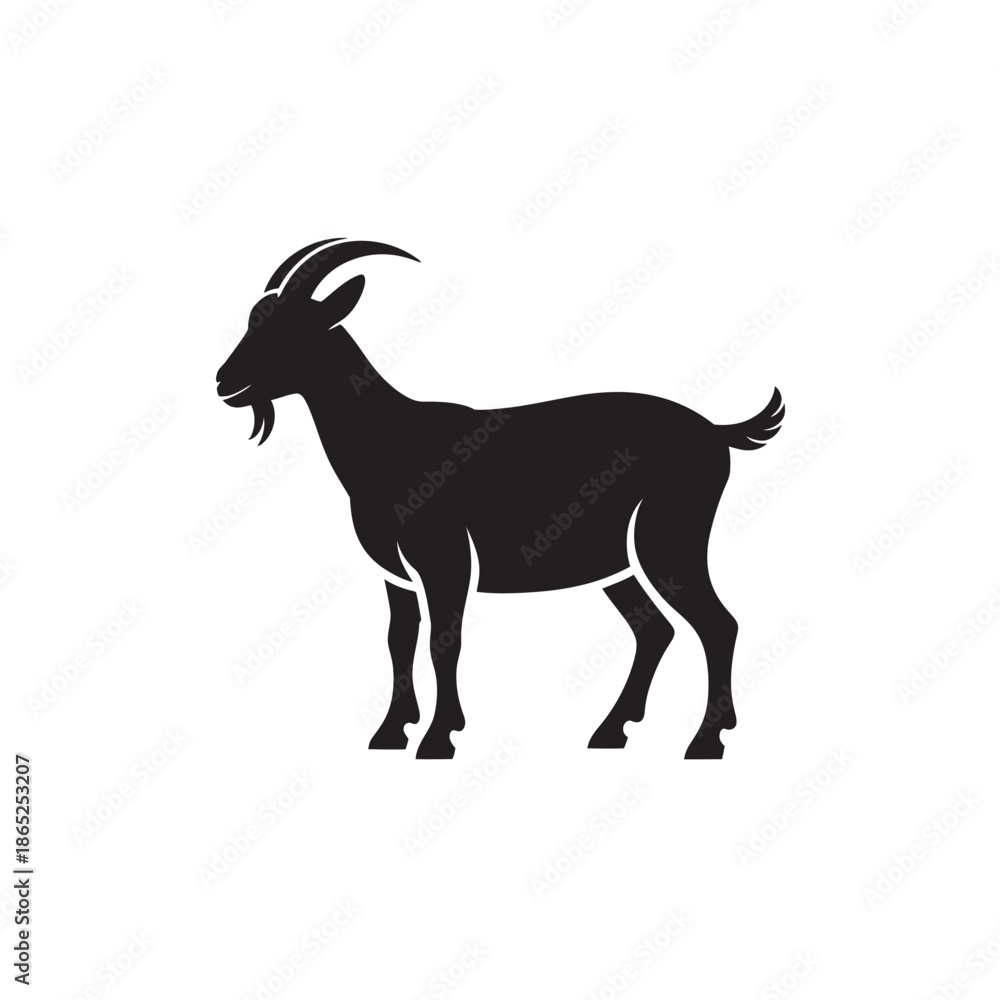 Obraz premium A simple black silhouette of a goat standing in profile view on a white background.