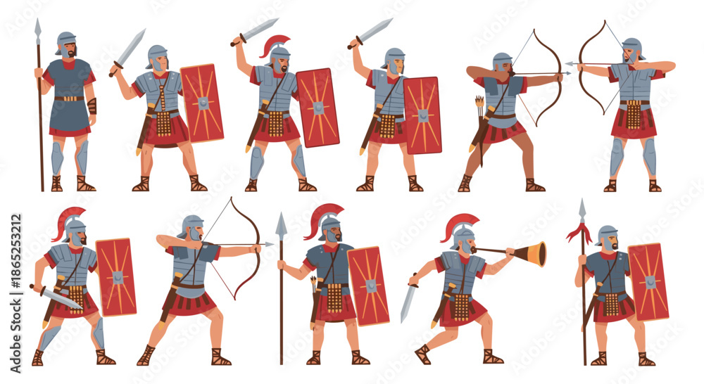 Fototapeta premium Comprehensive collection of ancient Roman soldiers in various combat poses including archers, swordsmen, spearmen, and a horn blower.