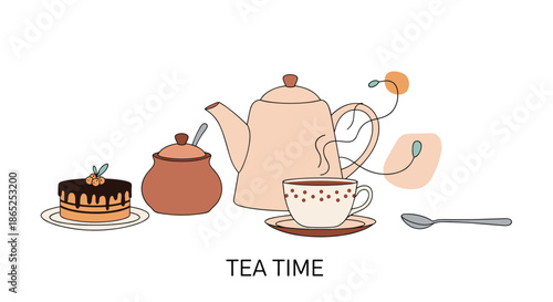 Charming tea time illustration featuring a classic teapot, a decorated cup on a saucer, a sugar bowl, and a rich chocolate layer cake.
