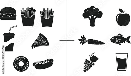 Black food icons set including burger fries and fruits on transparent background silhouette