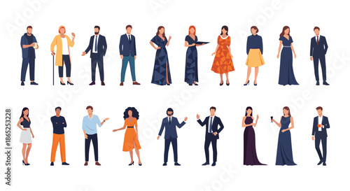 Collection of elegant men and women dressed in various formal attire and evening gowns for a cocktail party or high-society event.