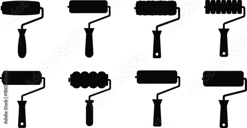 Collection of paint roller silhouettes in various styles on transparent background