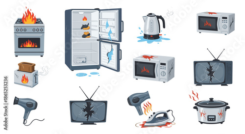 Set of hazardous household appliances showing various malfunctions such as fires, leaks, and broken screens to illustrate home safety.