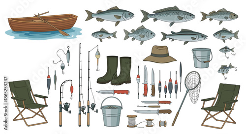 Comprehensive set of fishing gear including rods, boat, chairs, nets, boots, and various species of fish for outdoor sport enthusiasts.