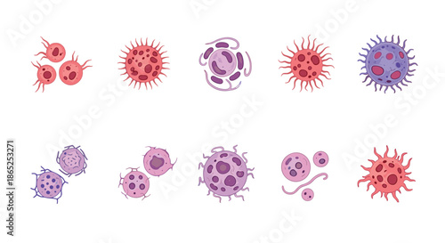 Scientific illustration of diverse microorganisms including bacteria, viruses, and cells shown in various colors and structures.