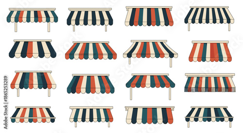 Selection of colorful striped storefront awnings in different styles and configurations for shops, cafes, and restaurants.