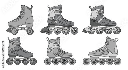 Comprehensive set of various roller skate and inline blade designs in shades of grey for sport and recreation illustrations.