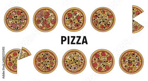 Mouth-watering collection of various pizza types showing different toppings, whole pies, and single slices for menu design.