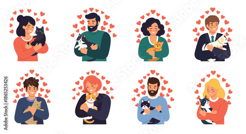 Delightful collection of men and women of different styles hugging their pet cats with small red hearts floating around them to show love.