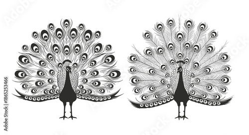 Two decorative peacock bird illustrations showing intricate feather patterns and regal avian postures on white background.