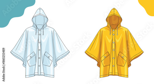 Front view of two waterproof hooded rain ponchos in light blue and yellow colors designed for wet weather protection.