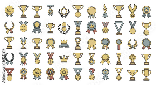 Large array of gold and silver sports trophies and medals and award ribbons for competition winners and champions.