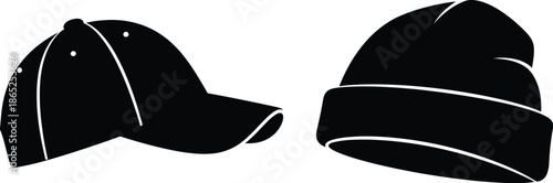 Black baseball cap and beanie hat illustration on transparent background silhouette