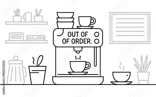 A minimalist line art illustration of an out-of-order coffee machine in a cafe setting