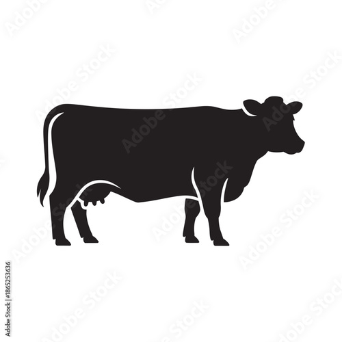 Black silhouette of a standing cow with udder, isolated on a white background