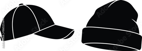 Black baseball cap and beanie hat illustration on transparent background silhouette