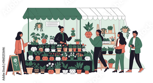 Group of people browsing and buying potted plants at a cozy outdoor garden market stall or local nursery business.