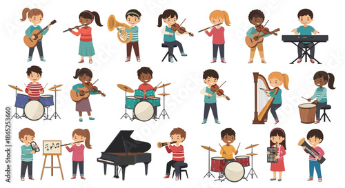 Diverse group of young children playing various musical instruments in a school band or ensemble for performance.