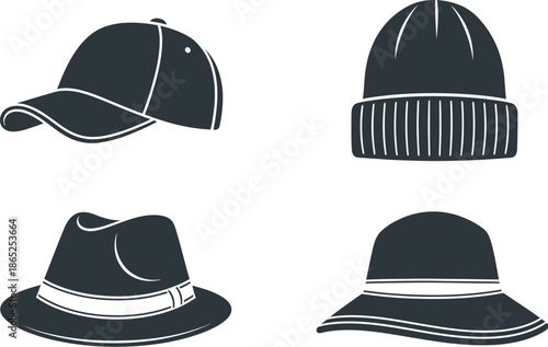 Four different styles of hats displayed as a black silhouette on transparent background