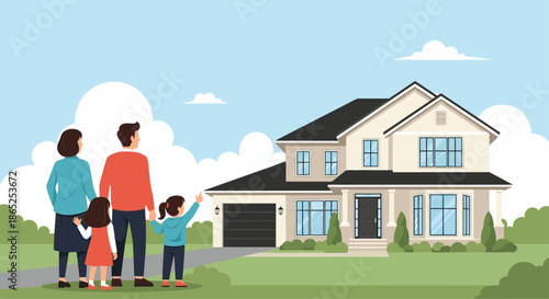 Happy family of four standing together in the yard of their beautiful suburban two-story house with a green lawn.