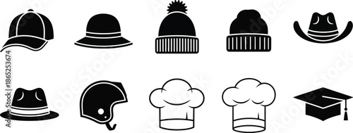 Various hat styles and headwear designs in black silhouette on transparent background