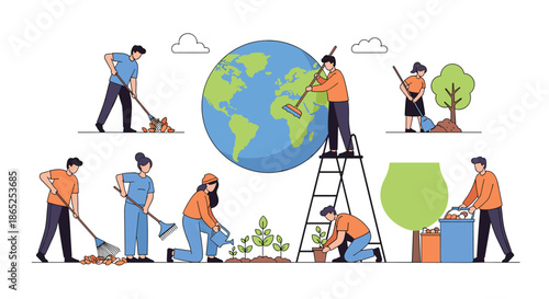 Large team of volunteers working together to clean and protect the environment around the globe for sustainability.