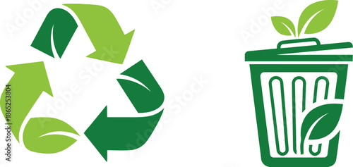 Green recycling symbol and trash can with leaves on transparent background silhouette