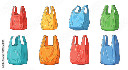 Set of colorful reusable plastic grocery bags for shopping and carrying items in various vibrant colors for retail and domestic use.
