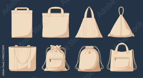 Set of reusable eco friendly canvas tote bags and drawstring pouches in various shapes on dark background.
