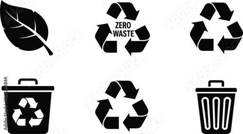Eco friendly icons featuring leaf recycling and trash symbols on transparent background silhouette