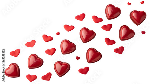 Red Heart Shapes Floating on Soft Pink Background, Minimal Romantic Concept