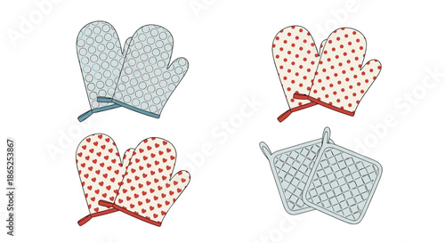 Four pairs of patterned kitchen oven mitts and pot holders with dots hearts and checkered designs.