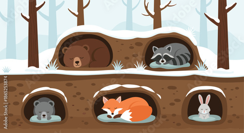 Animals hibernating in underground dens during winter season showing bear raccoon fox and rabbit sleeping.