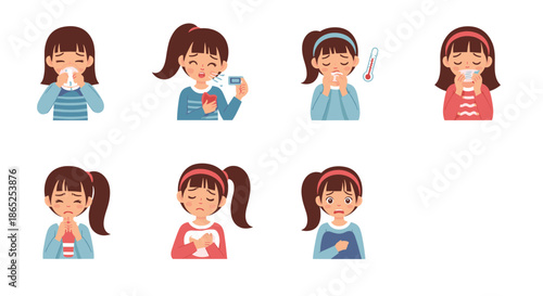 Set of characters showing a girl experiencing various symptoms of illness like fever cough and runny nose.