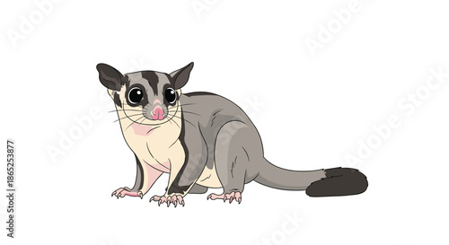 Cute hand drawn illustration of a sugar glider marsupial animal sitting on a plain white background.
